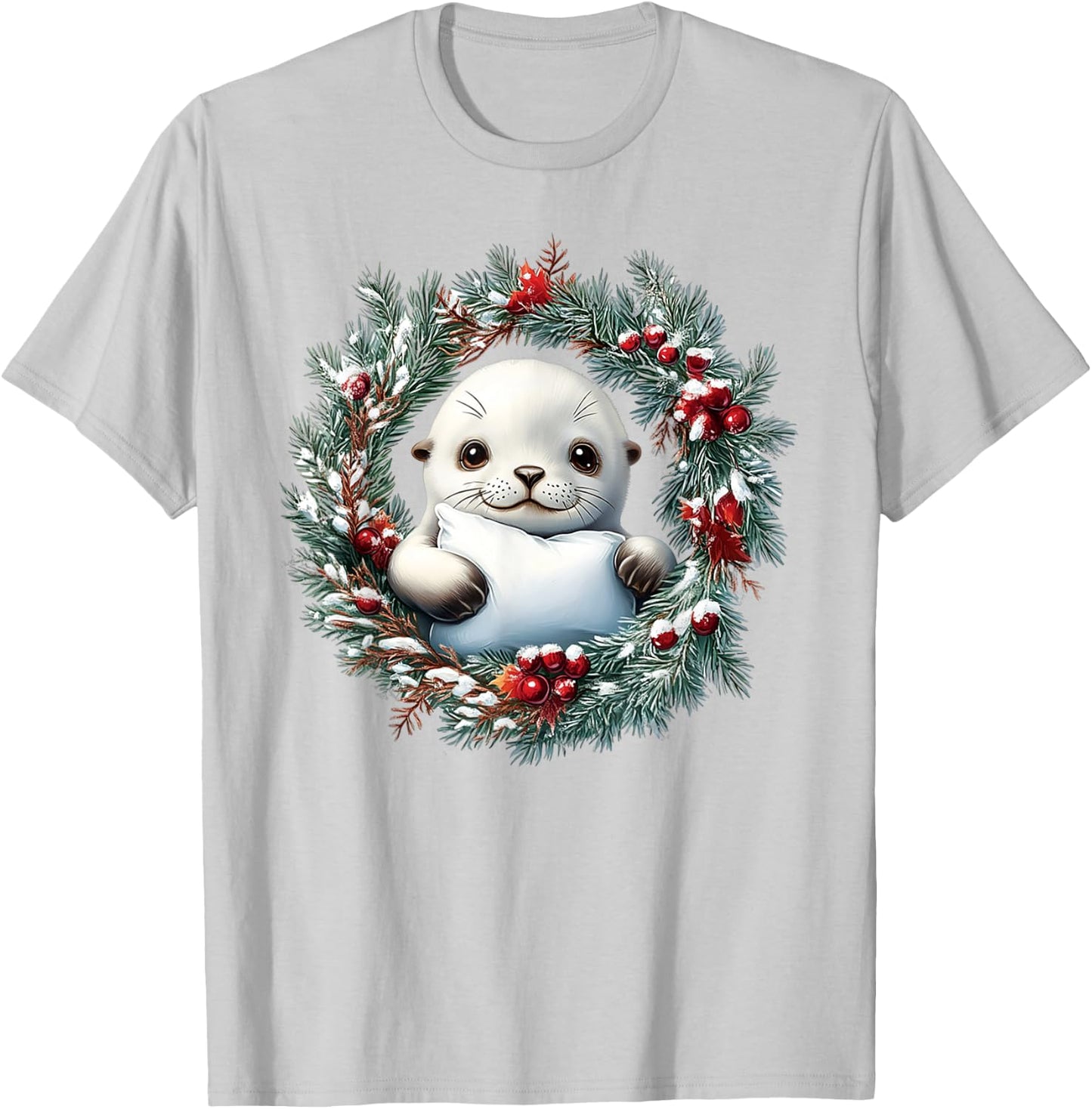 A Happy Baby Harp Seal In A Christmas Wreath With A Red Bow T-Shirt - T-Shirt | Ash