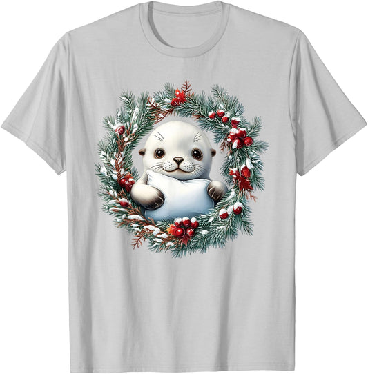 A Happy Baby Harp Seal In A Christmas Wreath With A Red Bow T-Shirt - T-Shirt | Ash