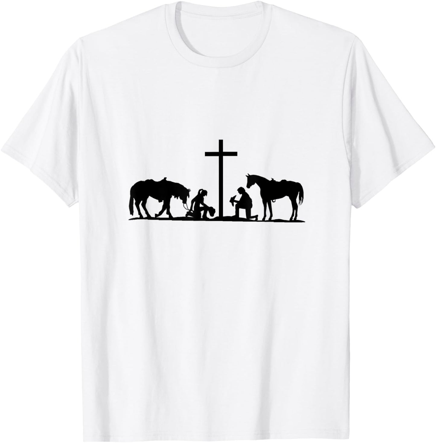 Western couple praying at cross with horses. cowboy. cowgirl T-Shirt - T-Shirt | White