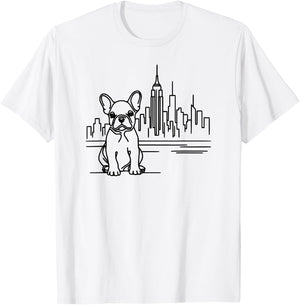 French Bulldog in New York City line art, dog in NYC skyline Men Women Kids T-Shirt - T-Shirt | White