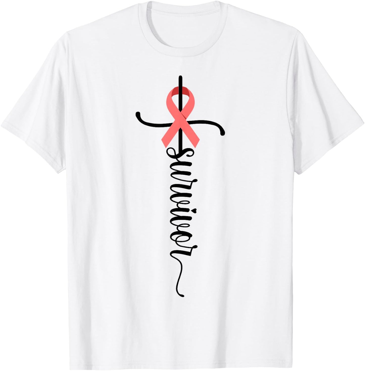 Survivor Christian Cross Warrior Peach Ribbon Uterine Cancer T-Shirt - T-Shirt | White