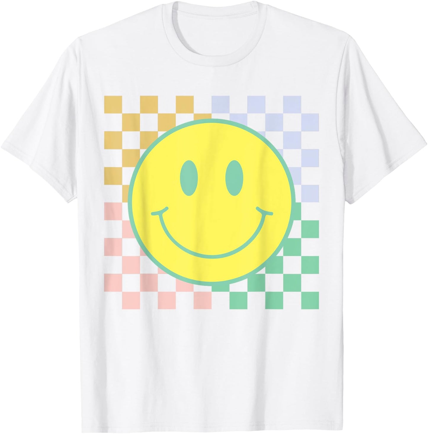 Retro Happy Face Shirt Checkered Pattern Smile Face Trendy T-Shirt - T-Shirt | White