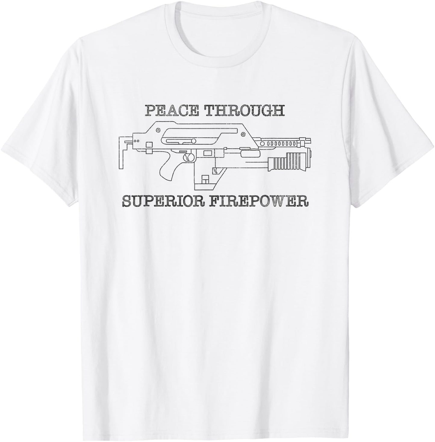 Tripping Yarns Peace Through Superior Firepower Funny Oxtroron Pulse Rifle - Grey, -Adults, Classic Fit, Short Sleeve, Small T-Shirt - T-Shirt | White