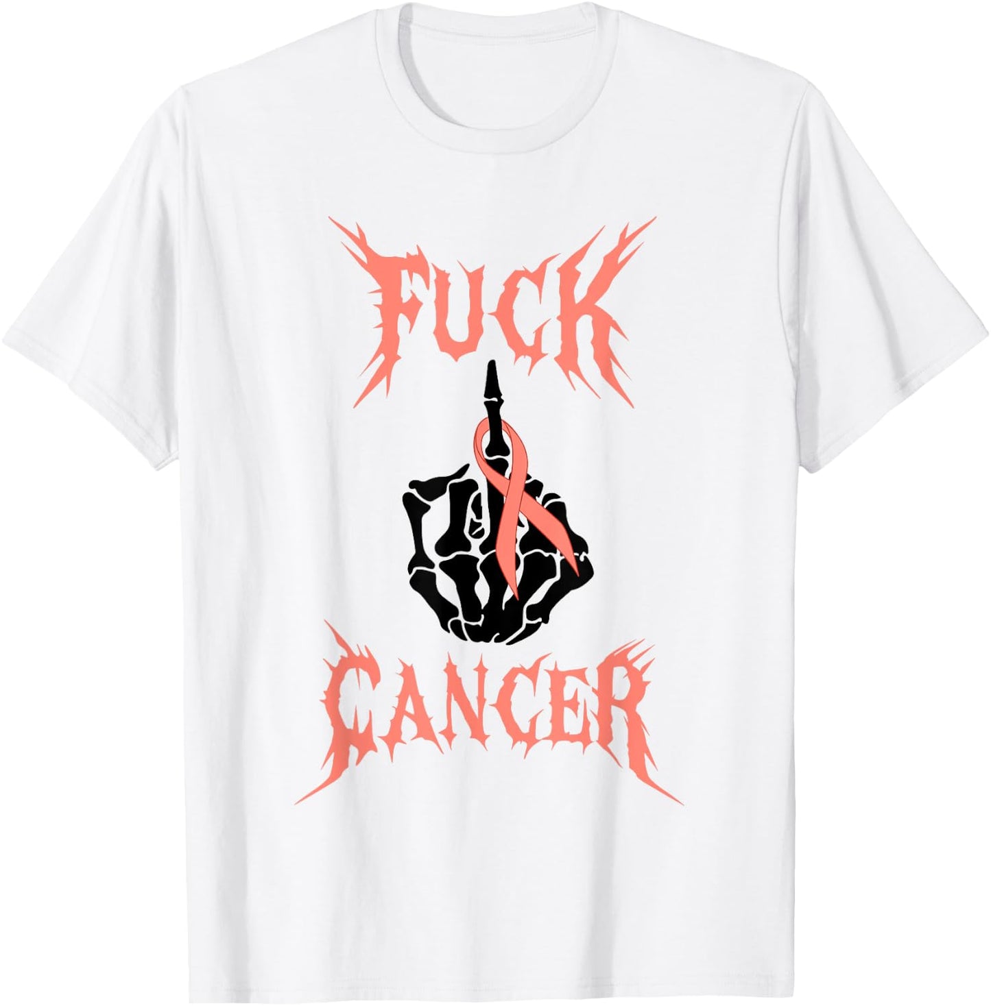 Fuck Cancer Rock Tattoos Warrior Peach Ribbon Uterine Cancer T-Shirt - T-Shirt | White