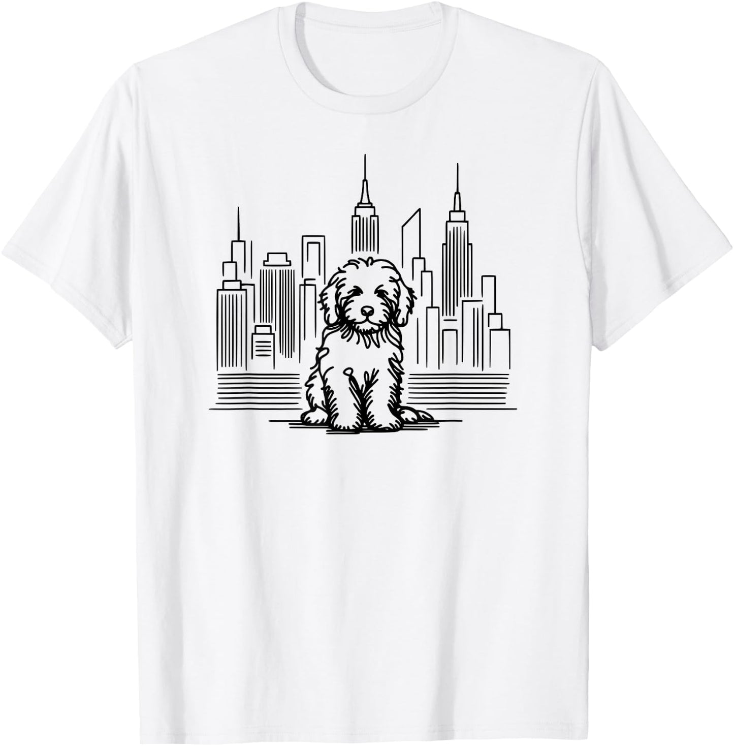 Goldendoodle dog in New York City line art, NYC skyline T-Shirt - T-Shirt | White