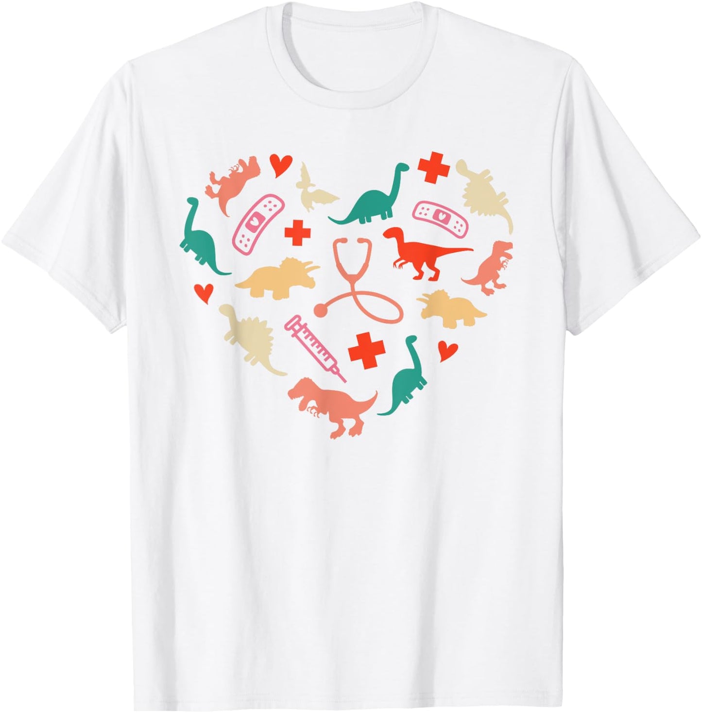 Pediatric Nurse Heart Colorful Cute Dinosaur Physical Peds T-Shirt - T-Shirt | White
