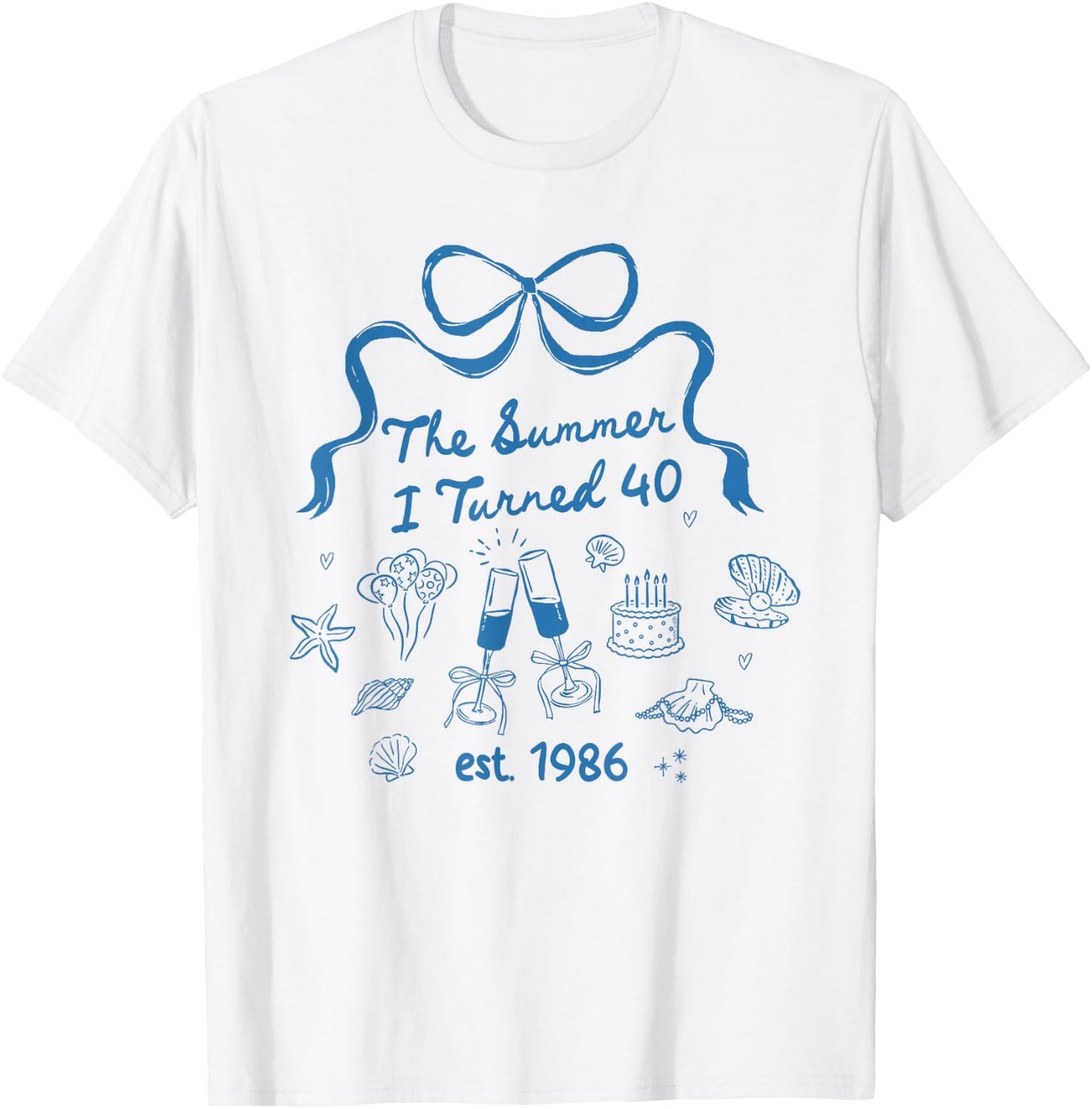 Summer I Turned Forty 40th Birthday Seashell Coastal Bow T-Shirt - T-Shirt | White