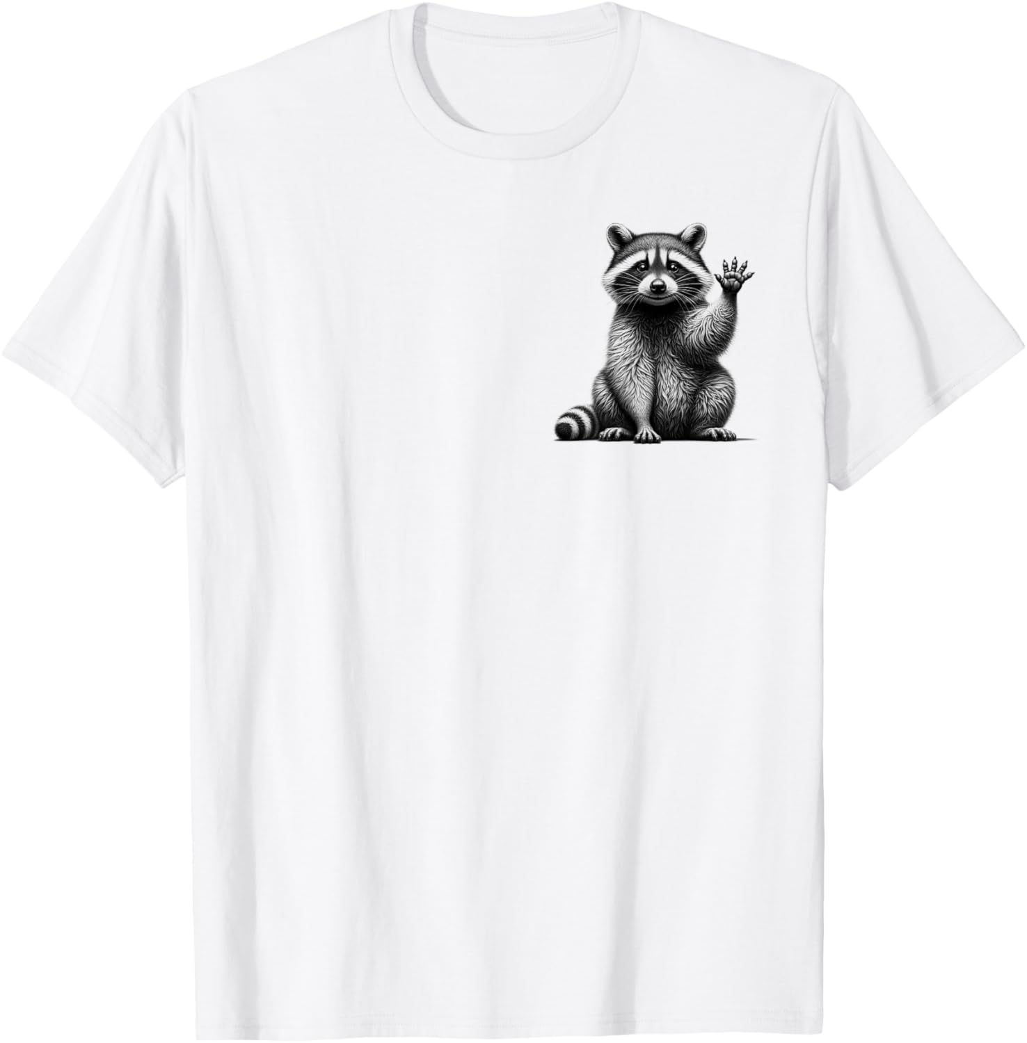 Cute Waving Raccoon Drawing Style on Chest , gray T-Shirt - T-Shirt | White