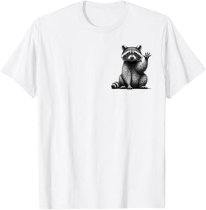 Cute Waving Raccoon Drawing Style on Chest , gray T-Shirt - T-Shirt | White