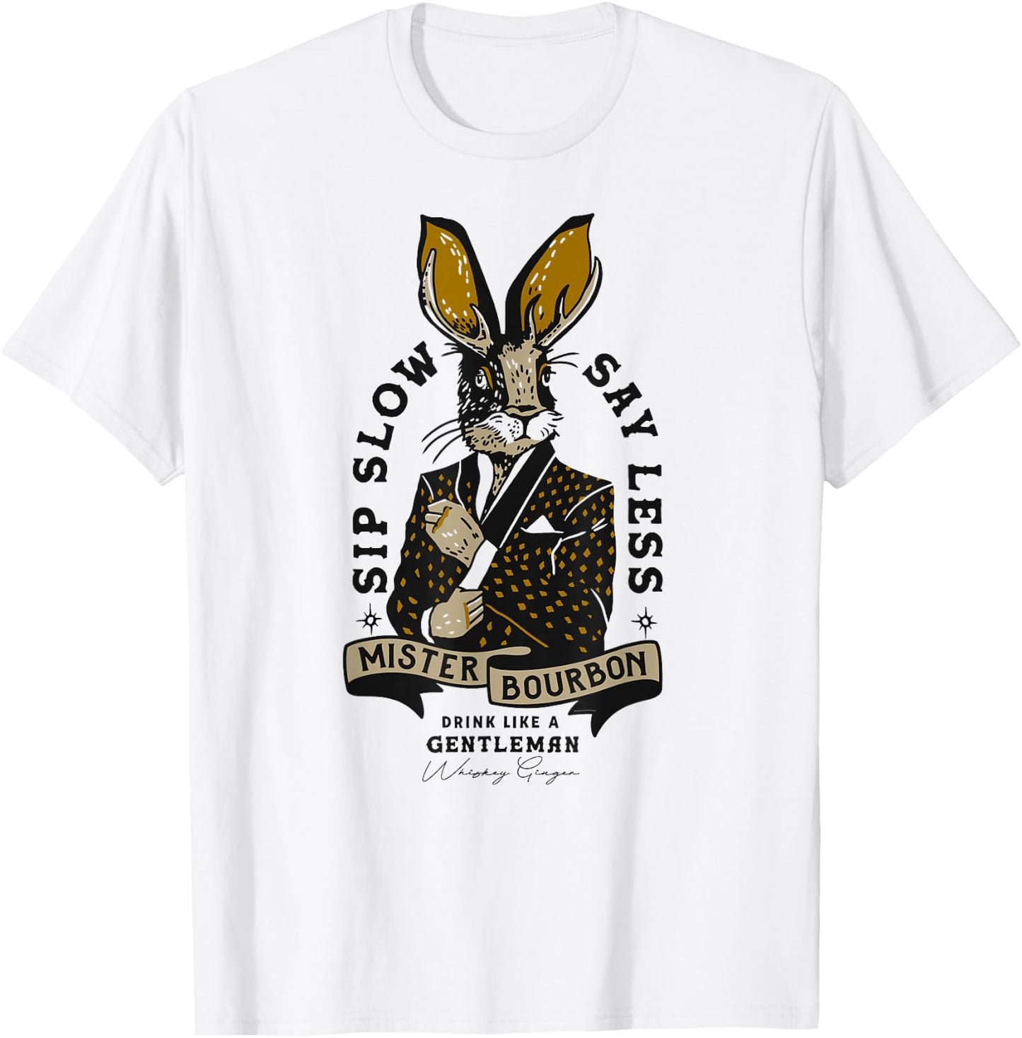 Mister Bourbon Whiskey Jackalope: Funny Smoking Jacket Bunny T-Shirt - T-Shirt | White