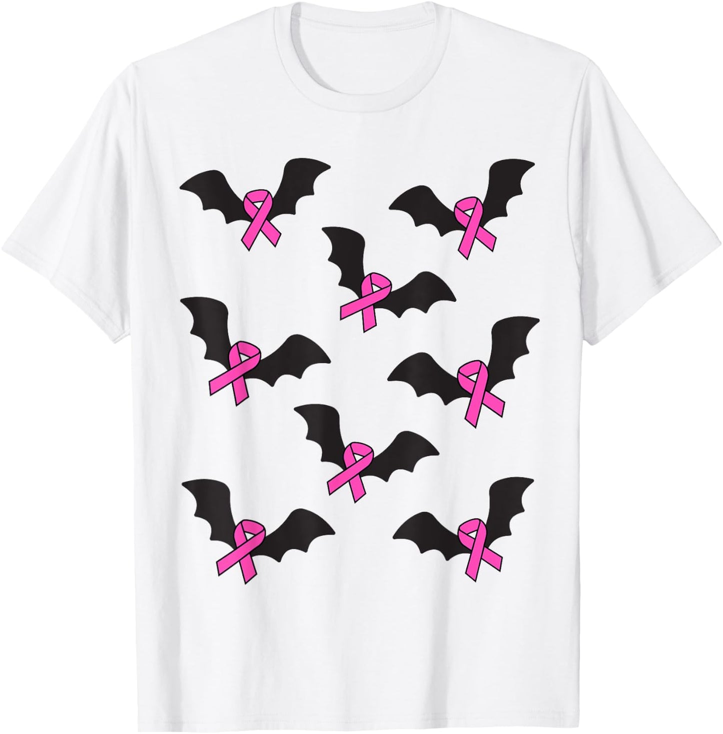 Pink Ribbon Breast Cancer Awareness Halloween Bats Women Men T-Shirt - T-Shirt | White