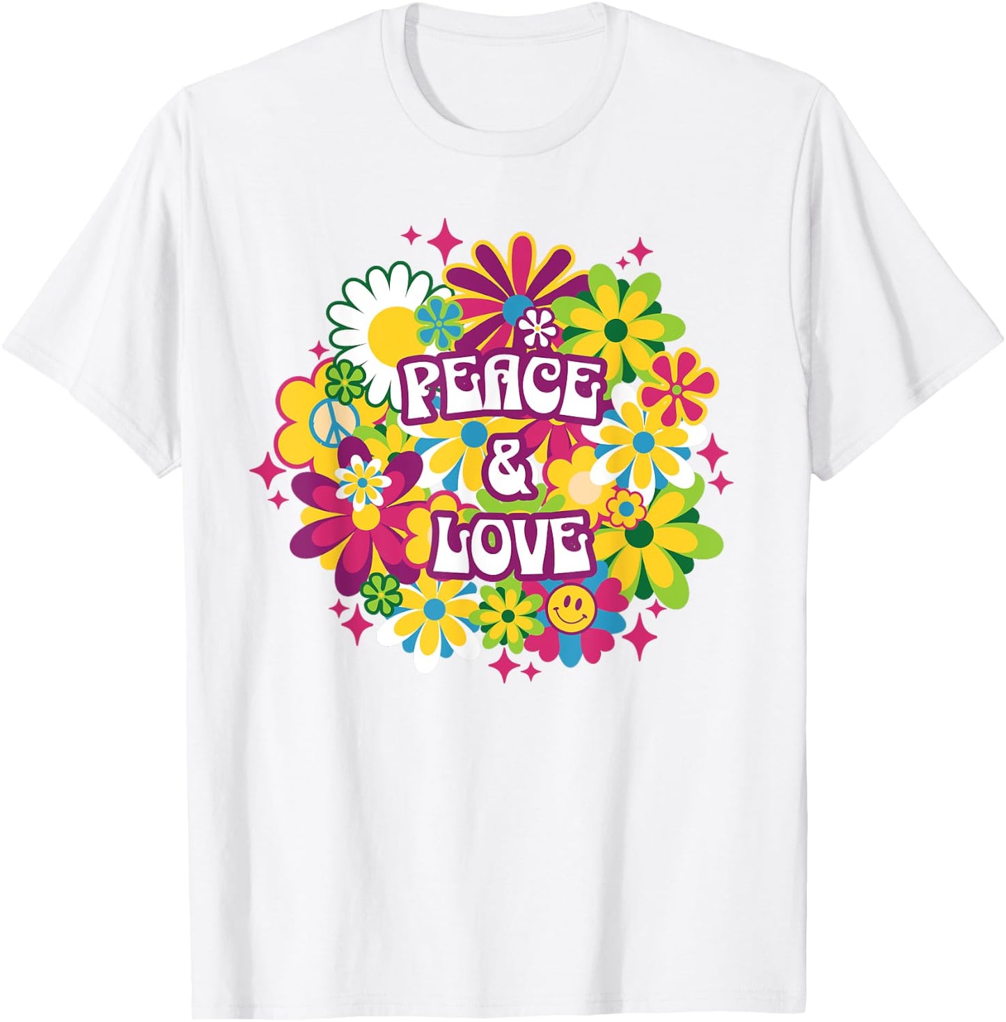Peace Love 70s Retro Floral Happy Face Flower Groovy Women's , Blue, S T-Shirt - T-Shirt | White