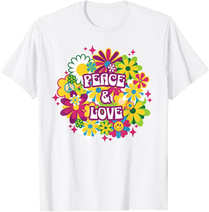 Peace Love 70s Retro Floral Happy Face Flower Groovy Women's , Blue, S T-Shirt - T-Shirt | White