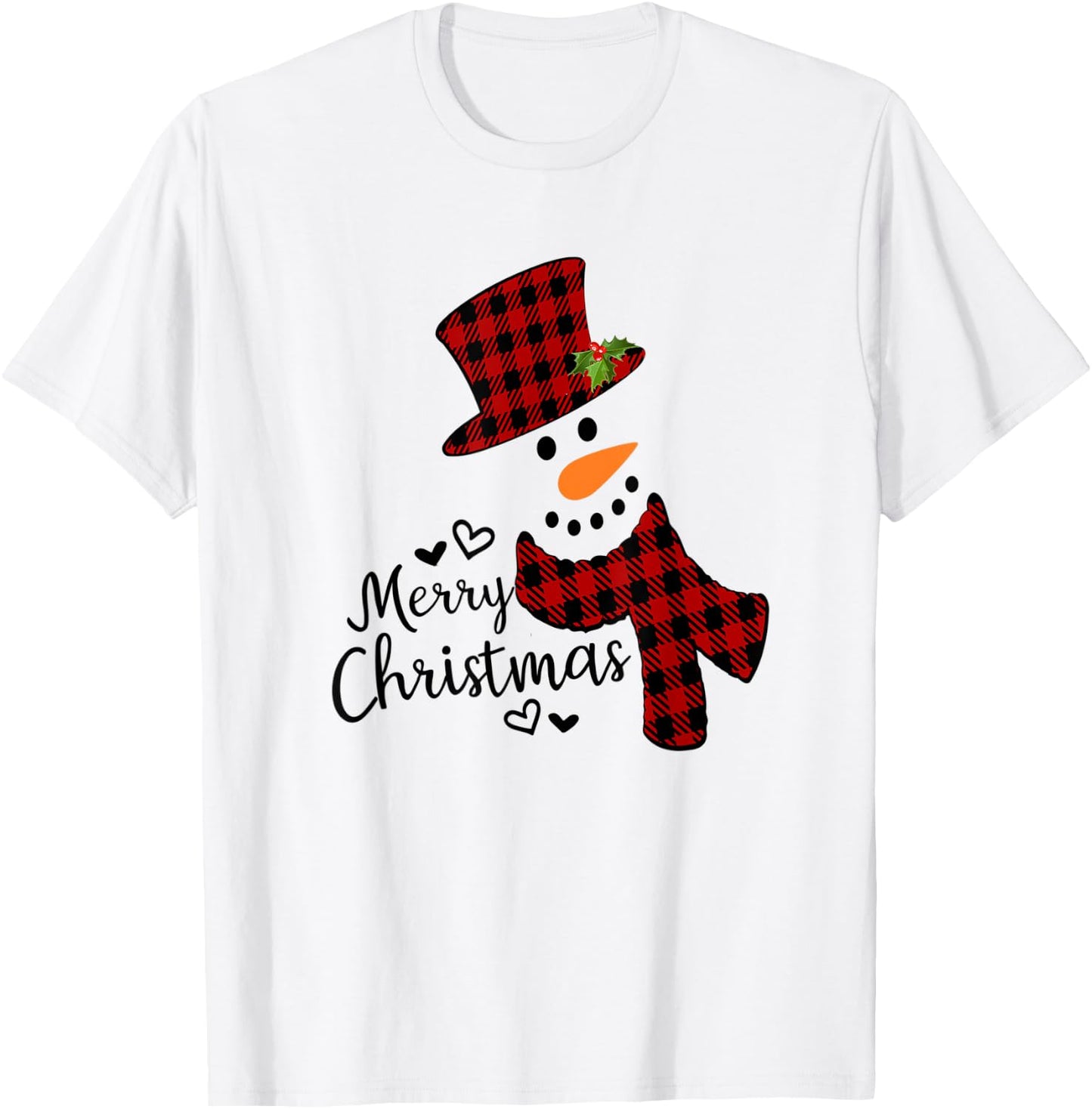 Merry Christmas Snowman Black And Red Buffalo Plaid T-Shirt - T-Shirt | White