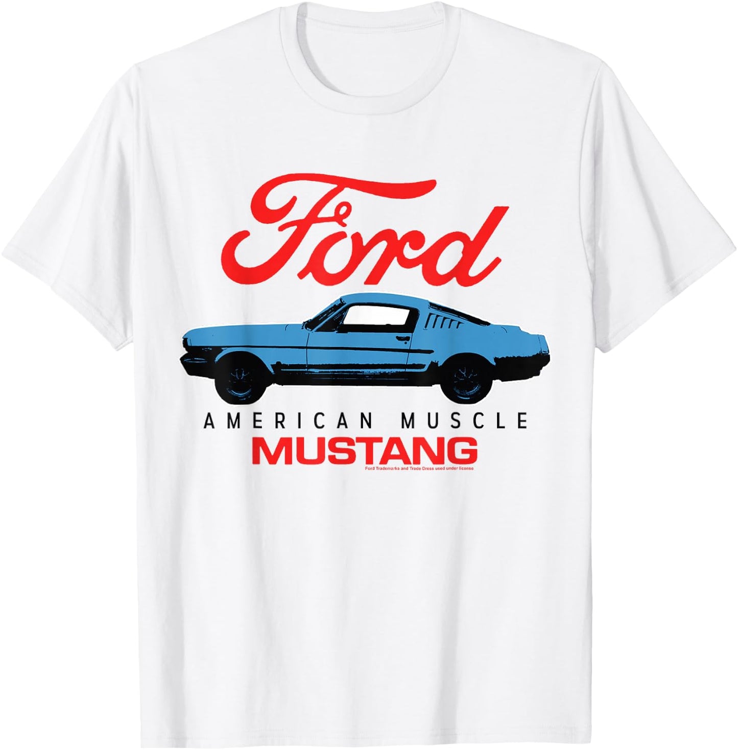 Ford Blue Mustang American Muscle Car with Red Logo , White T-Shirt - T-Shirt | White