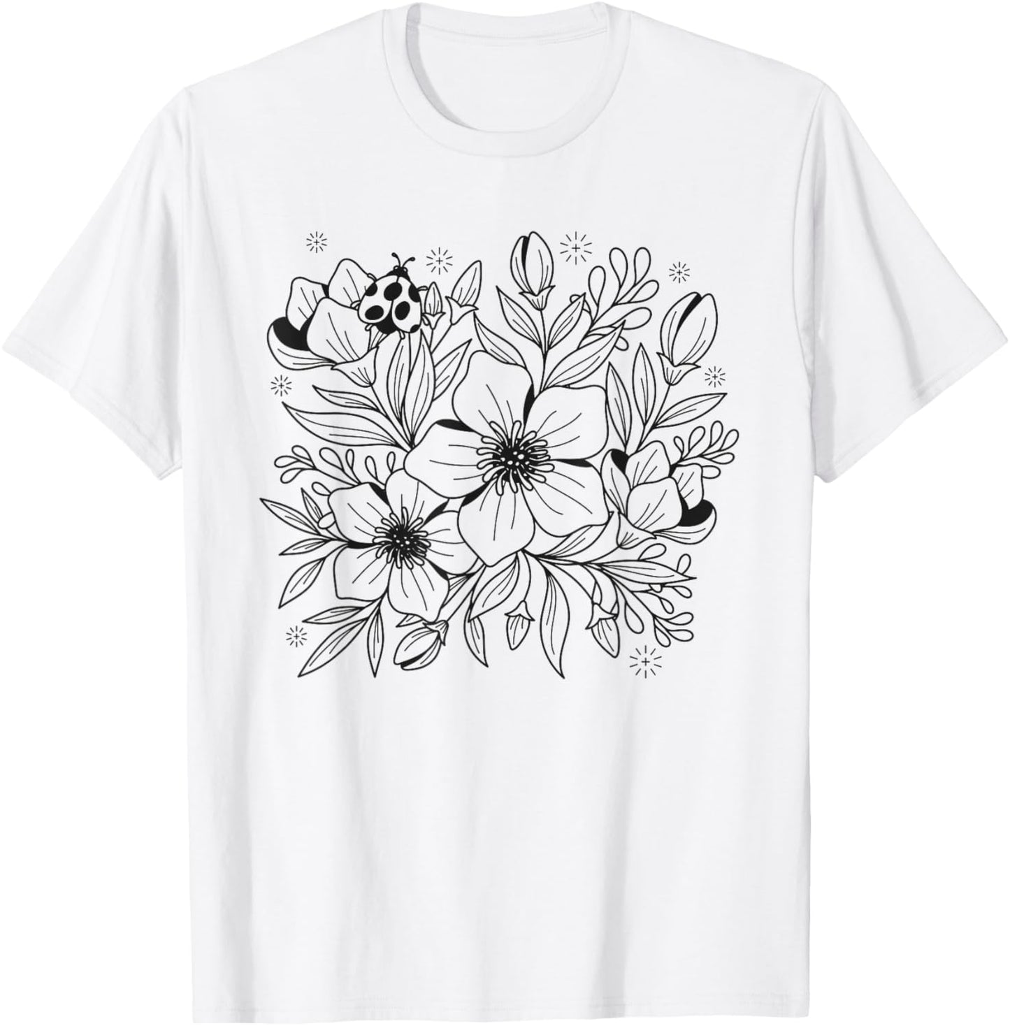 Adult Coloring Book Style Flowers and Ladybug Self Coloring T-Shirt - T-Shirt | White