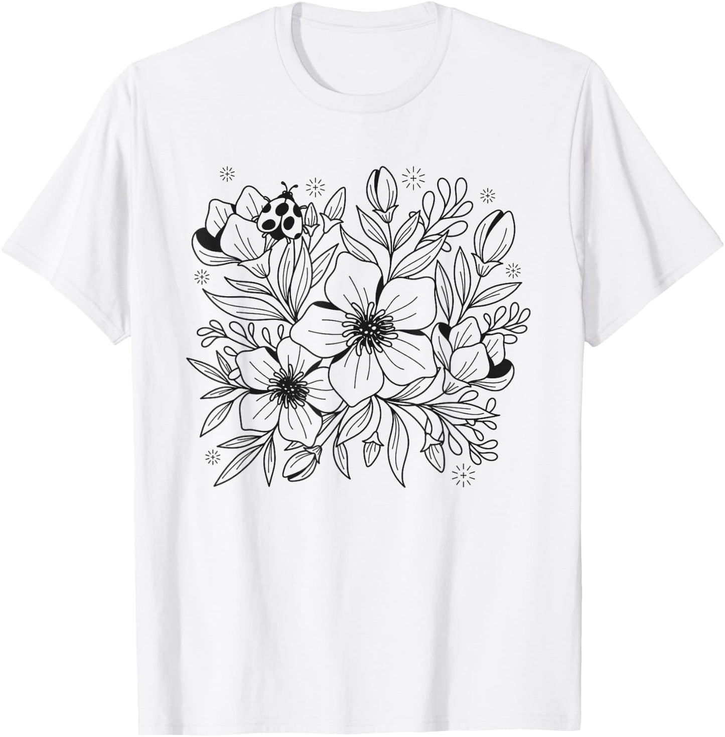 Adult Coloring Book Flowers and Ladybug T-Shirt - T-Shirt | White