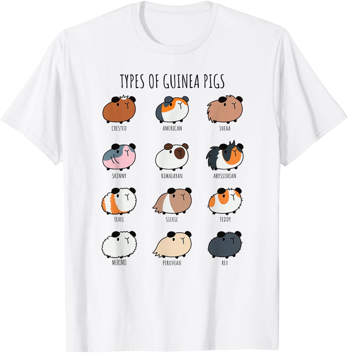 Cute Types of Guinea Pigs Abyssinian Silkie and Texel T-Shirt - T-Shirt | White
