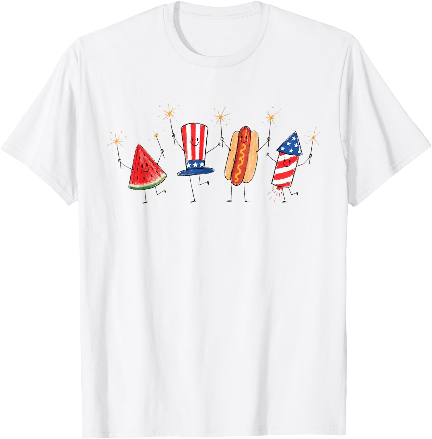 Patriotic Doodle Fourth of July Watermelon Hot Dog Firework T-Shirt - T-Shirt | White