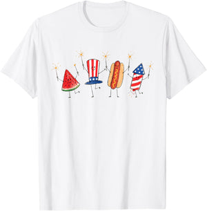 Patriotic Doodle Fourth of July Watermelon Hot Dog Firework T-Shirt - T-Shirt | White