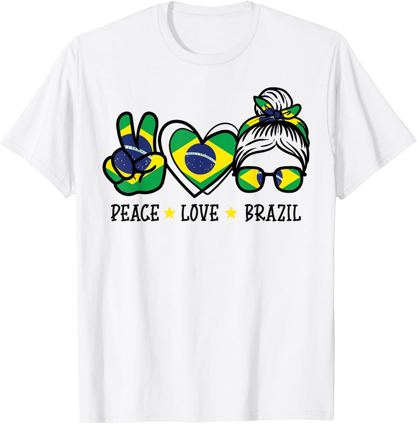 Peace Love Brazil Messy Bun Soccer Fan Women Girls Kids T-Shirt - T-Shirt | White