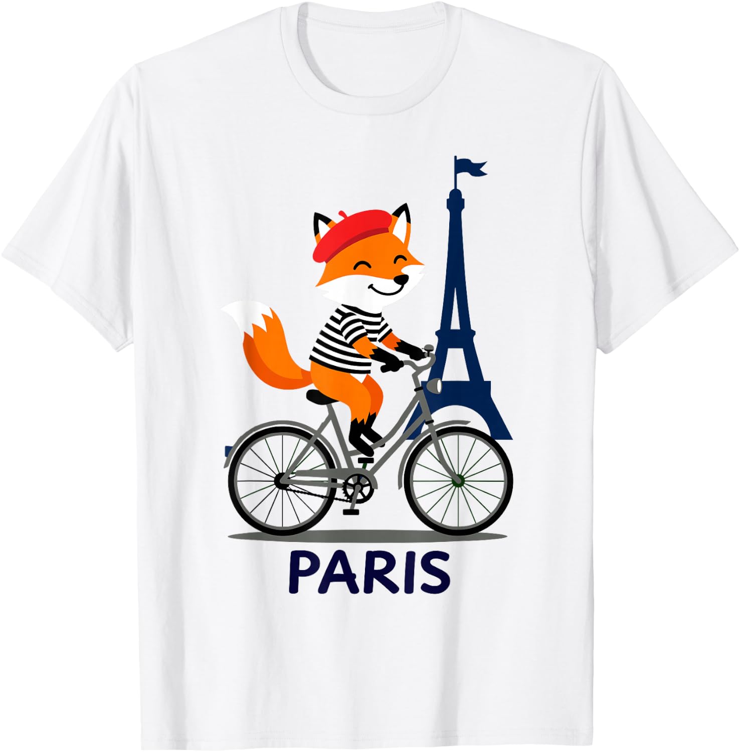 Cute Fox in Beret Cycling, Eiffel Tower Paris French Lover T-Shirt - T-Shirt | White