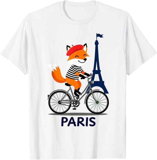 Cute Fox in Beret Cycling, Eiffel Tower Paris French Lover T-Shirt - T-Shirt | White