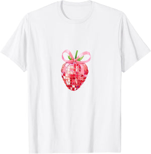 Pink Bow Coquette Aesthetics Y2K Strawberry Girls Ladies , White T-Shirt - T-Shirt | White