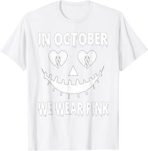 In October We Wear Pink Breast Cancer Jackolantern Halloween T-Shirt - T-Shirt | White