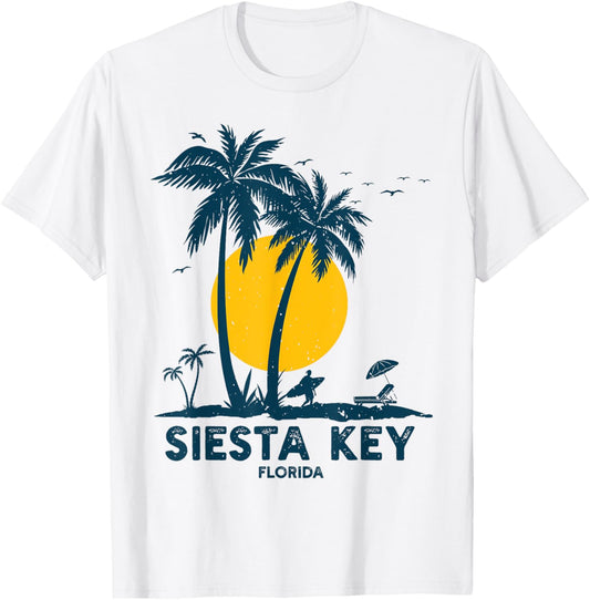 Siesta Key Beach Florida Vintage 70s Palm Trees Beach Men Women Kids T-Shirt - T-Shirt | White