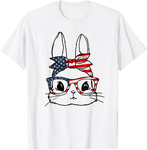 Cute Bunny Face American US FLag Glasses Easter Day T-Shirt - T-Shirt | White