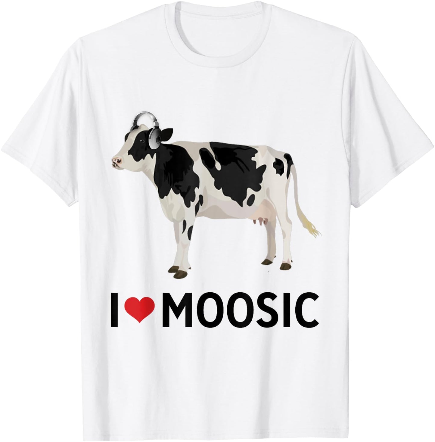 I Love Music Headphones Cow "I Heart Moosic" Funny Pun T-Shirt - T-Shirt | White