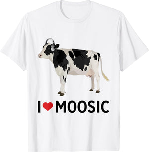 I Love Music Headphones Cow "I Heart Moosic" Funny Pun T-Shirt - T-Shirt | White