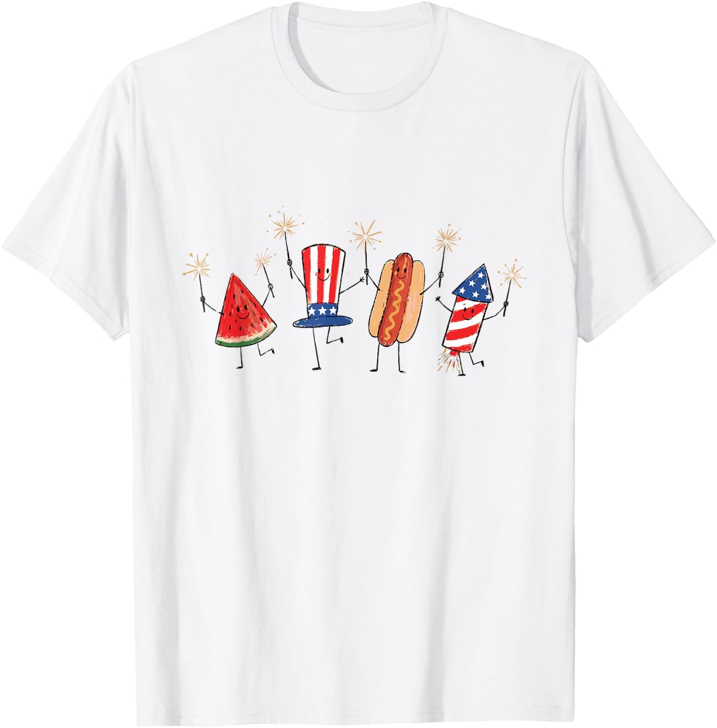 Retro American Watermelon Hotdog Firework Rocket 4th of July T-Shirt - T-Shirt | White