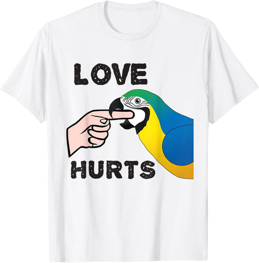 Love Hurts Blue and Gold Macaw Parrot T-Shirt - T-Shirt | White