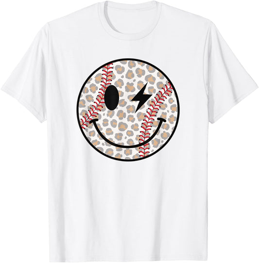 Cute Baseball Happy Face Leopard Smile Face Smiling Baseball T-Shirt - T-Shirt | White