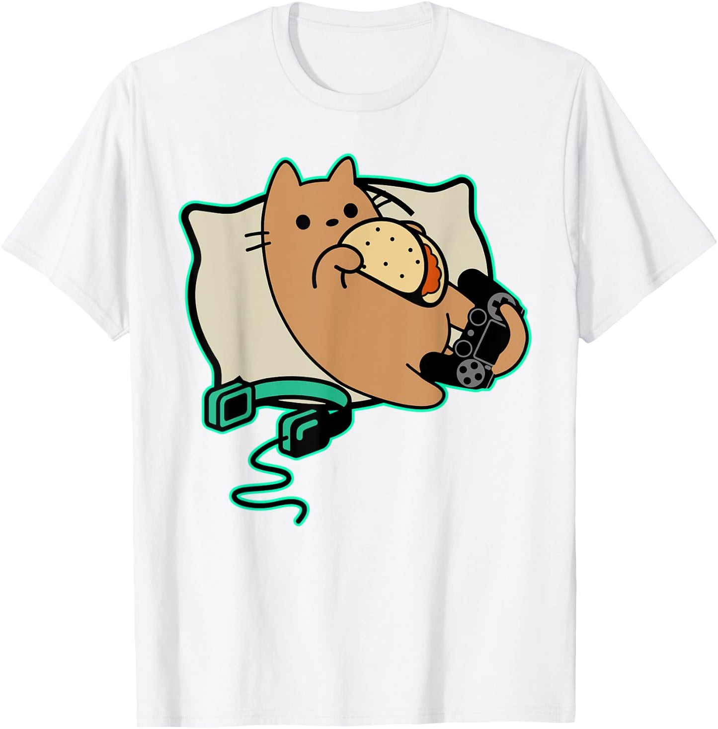 Nerdy Gamer Cat Eating Tacos Game Paused T-Shirt - T-Shirt | White
