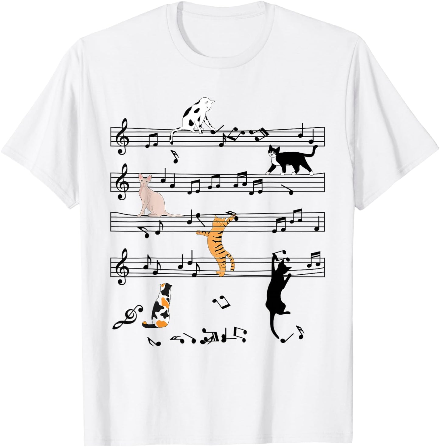 Funny Cat Climbing Playing Sheet Music Note, Cat Music Notes T-Shirt - T-Shirt | White