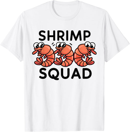Shrimp Squad Funny Ocean Cuisine Cartoon Graphic Seafood T-Shirt - T-Shirt | White