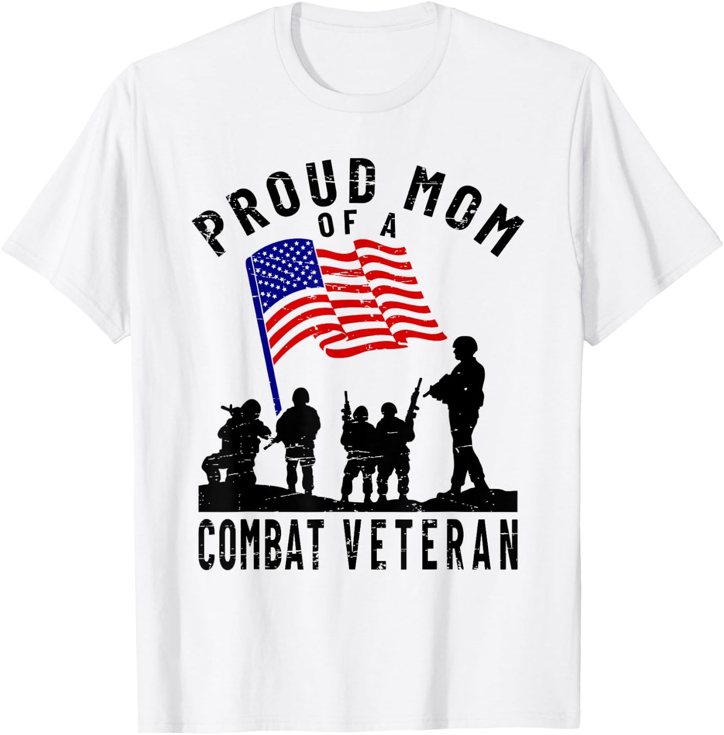 Proud Mom of a Combat Veteran Retro US Flag Military Family T-Shirt - T-Shirt | White