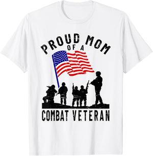 Proud Mom of a Combat Veteran Retro US Flag Military Family T-Shirt - T-Shirt | White