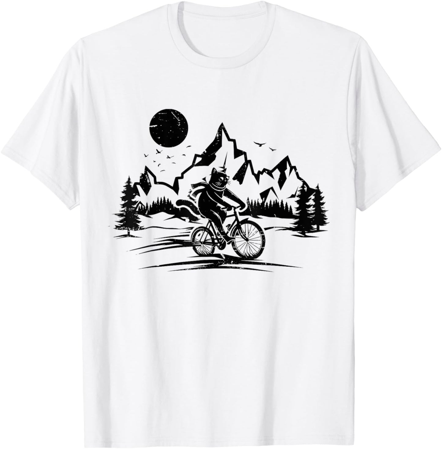 Funny Cat Riding Bicycle Vintage Mountain Biking Cat Biker Men Women Girls Kids T-Shirt - T-Shirt | White