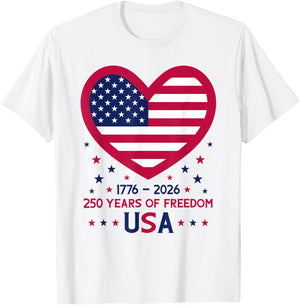 250th Anniversary 1776-2026 USA Heart 250 Years of Freedom T-Shirt - T-Shirt | White
