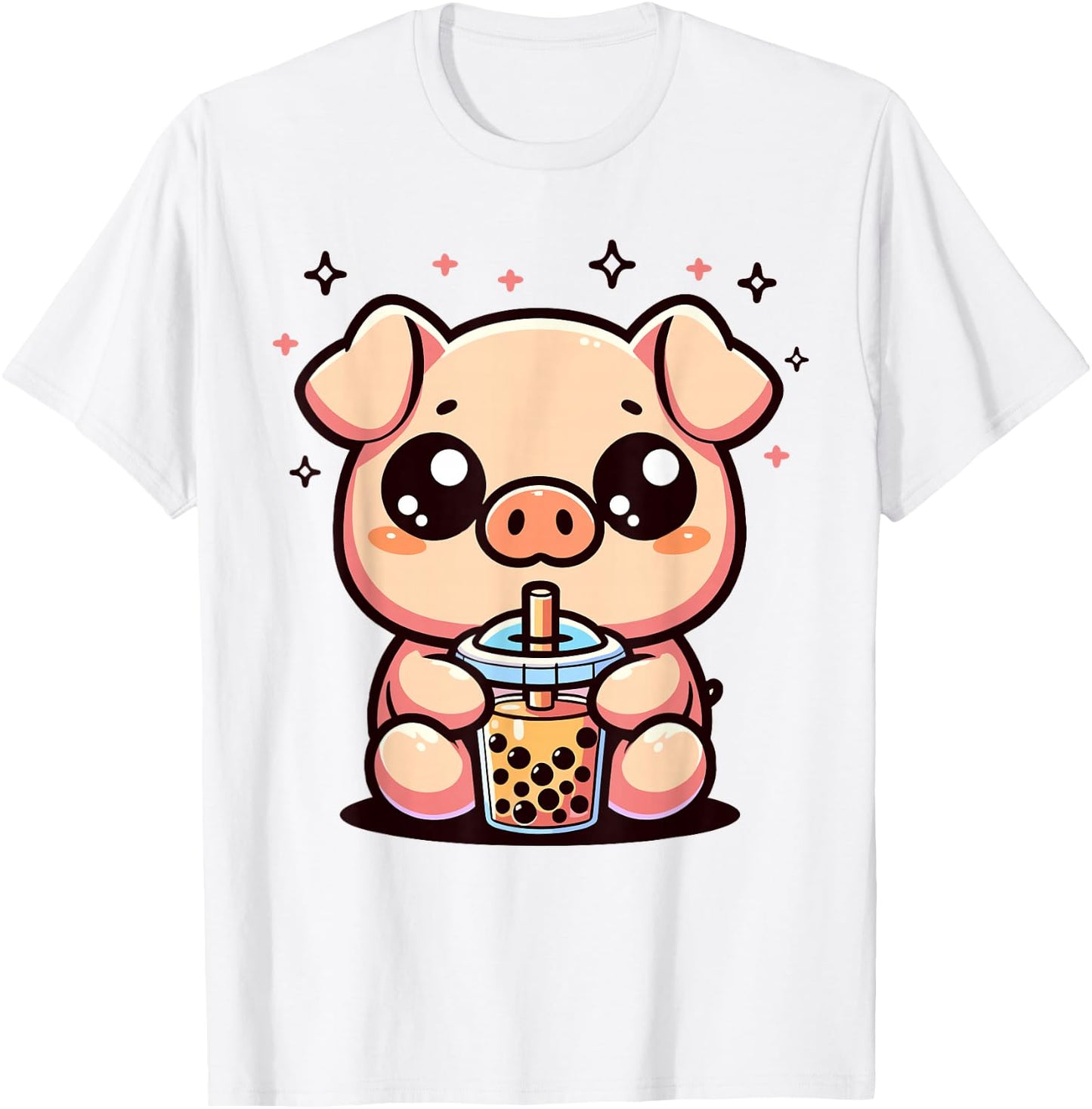 Cute Kawaii Cartoon Pig Drinking Bubble Tea Boba Tapioca T-Shirt - T-Shirt | White