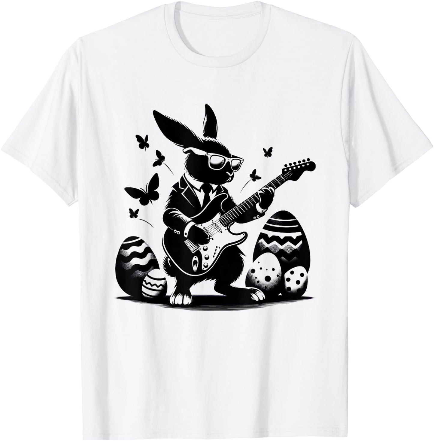 Cool Easter Rabbit Playing Guitar Cute Bunny Easter Eggs T-Shirt - T-Shirt | White