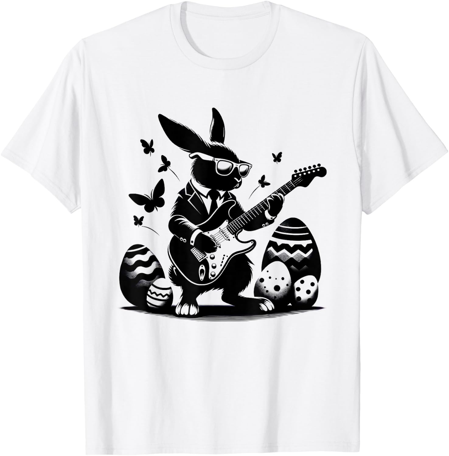 Cool Easter Rabbit Playing Guitar Cute Bunny Easter Eggs T-Shirt - T-Shirt | White