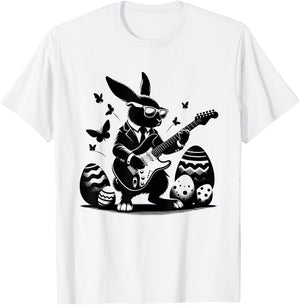 Cool Easter Rabbit Playing Guitar Cute Bunny Easter Eggs T-Shirt - T-Shirt | White