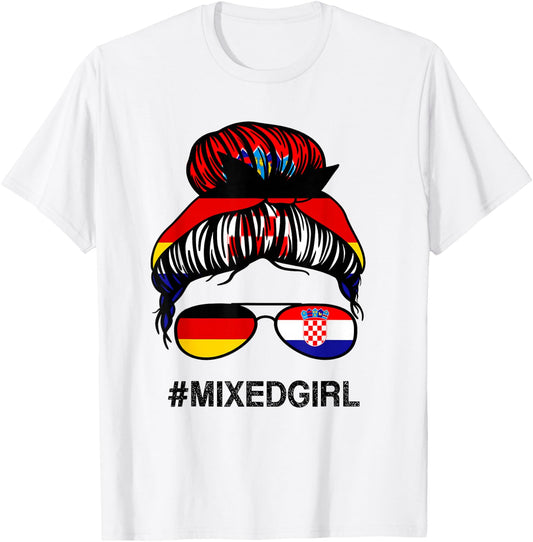 Vintage Croatian Retro Style Gifts Kroatien Deutschland Flagge Kroatisch Deutsch Unordentlicher Dutt für Mädchen, Multicolored, Small, Kurzarm, Klassische Passform T-Shirt - T-Shirt | White