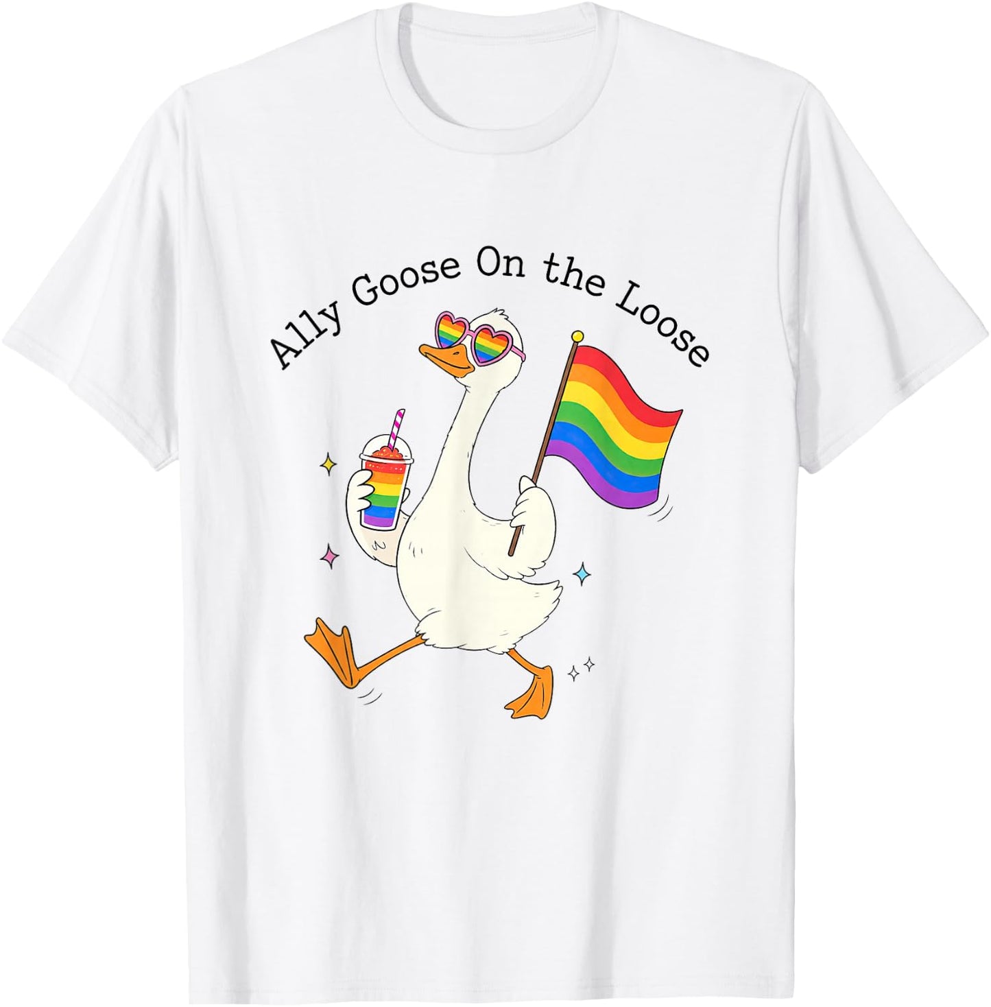 Ally Goose On-the-Loose Rainbow Flag Funny LGBTQ Pride Month T-Shirt - T-Shirt | White