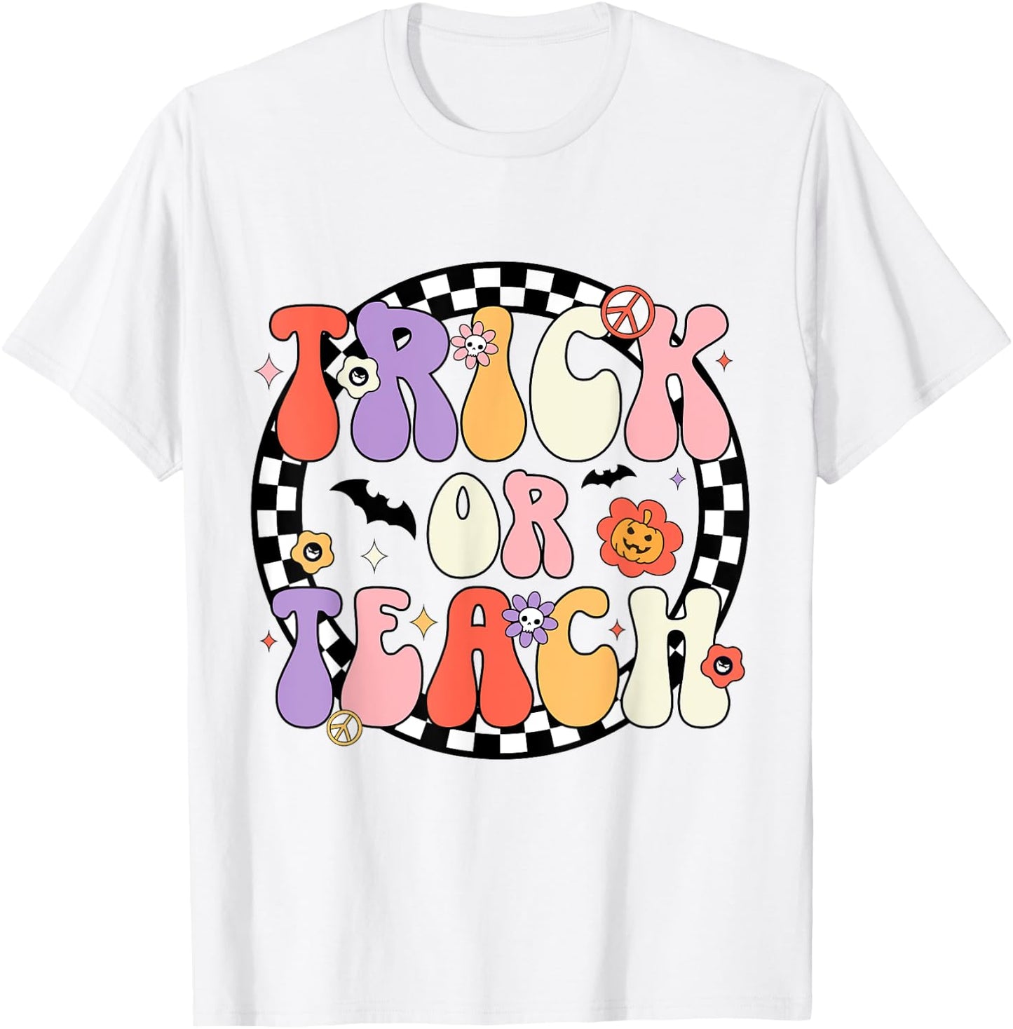 Trick or Teach Retro Groovy Halloween Teacher T-Shirt - T-Shirt | White
